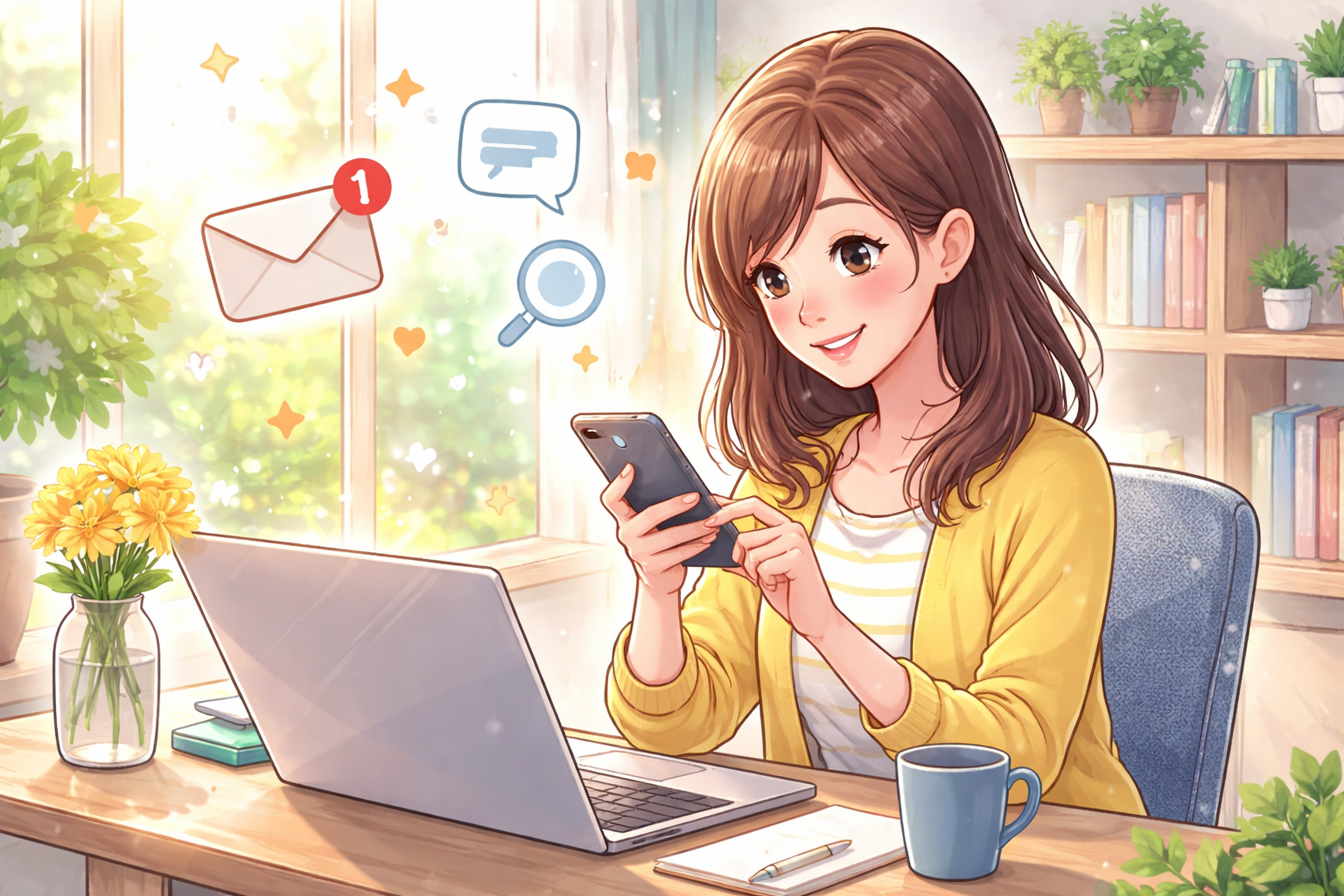 パソコンの前でスマホを持つ女性のイラスト